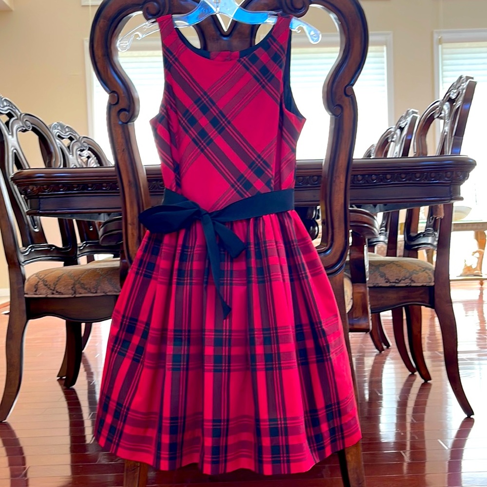 Ralph Lauren Red and Black Plaid Girls' Formal Dress with Black Waist Bow